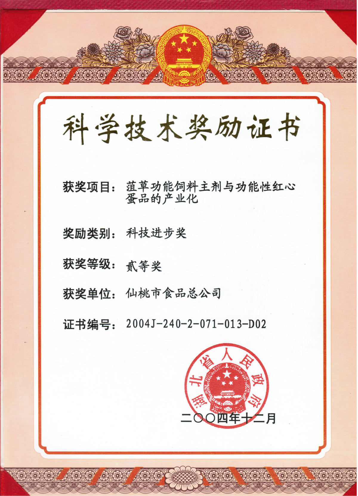 Second Prize of Provincial Science and Technology Progress in 2004